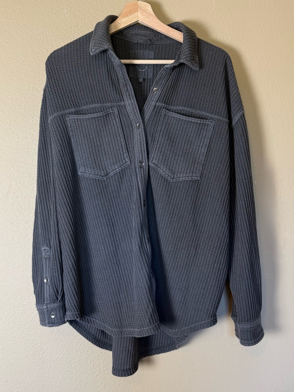 aerie Charcoal Grey Anytime Fave Oversized Waffle Knit Shirt Size Small - Picture 2 of 7